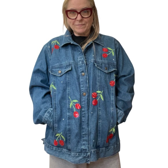 Quacker Factory Jackets & Blazers - Quacker Factory Blue Denim Jacket with Cherry Embroidery-1X